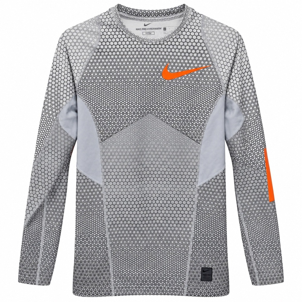 Nike Pro Hyperwarm Hexodrome Long Sleeve Fitted Shirt Men's S Gray Orange
